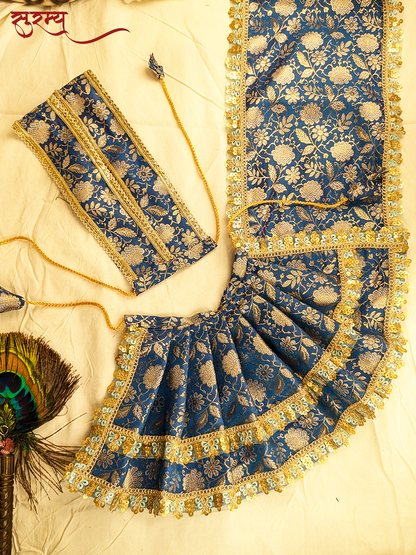 Neel Pushpa Saree | Blue Silk Brocade Saree for Mata Rani Ji | Floral Goddess Saree