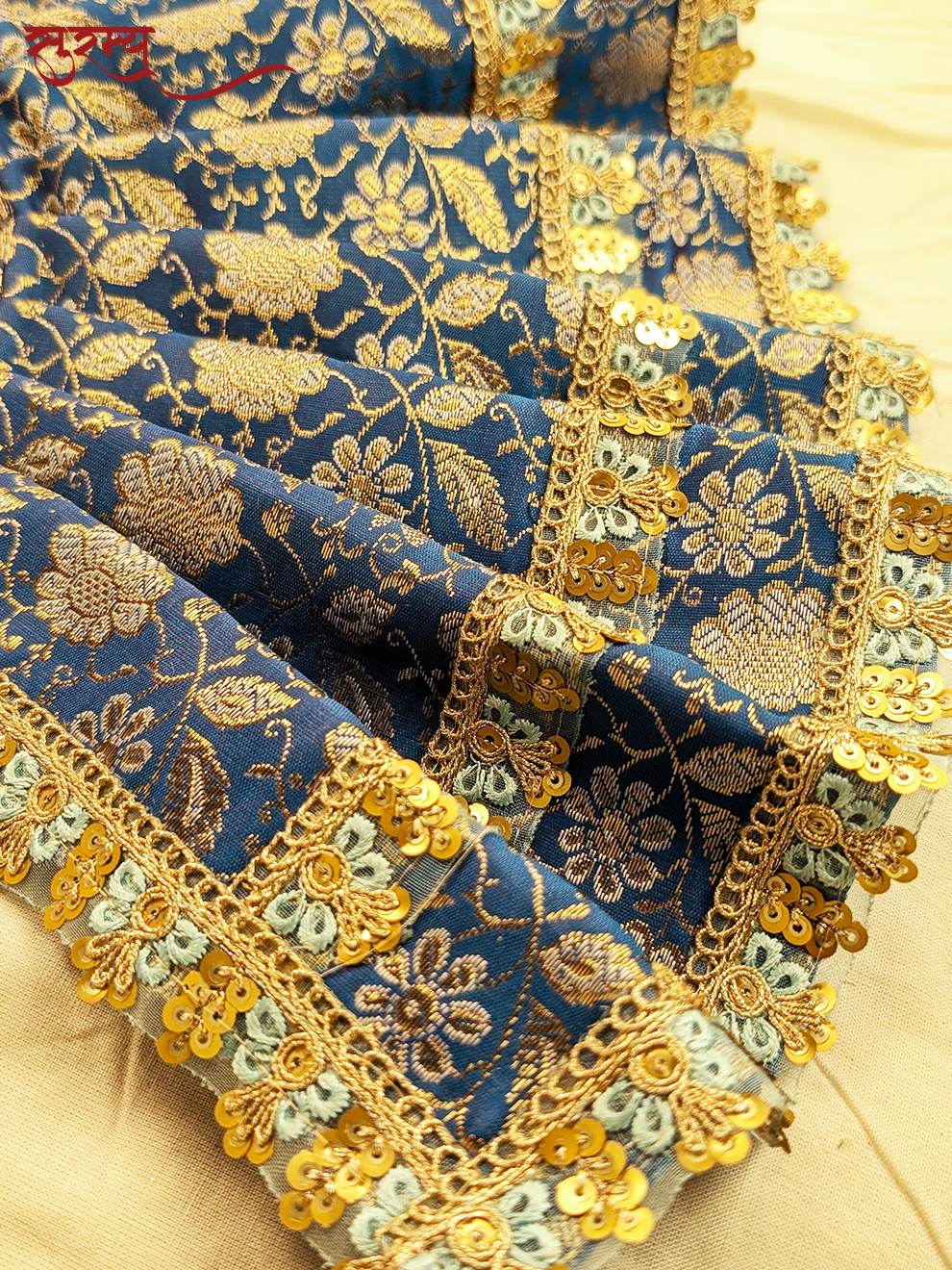 Neel Pushpa Saree | Blue Silk Brocade Saree for Mata Rani Ji | Floral Goddess Saree