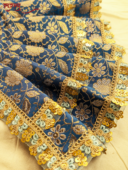Neel Pushpa Saree | Blue Silk Brocade Saree for Mata Rani Ji | Floral Goddess Saree