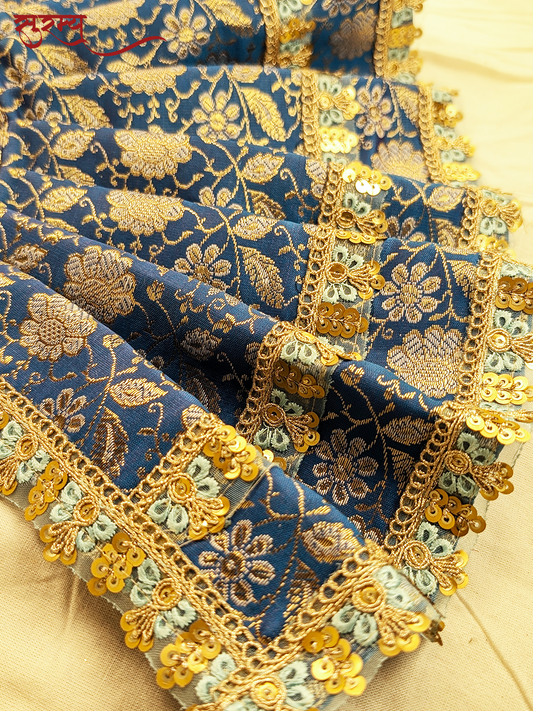 Neel Pushpa Saree | Blue Silk Brocade Saree for Mata Rani Ji | Floral Goddess Saree