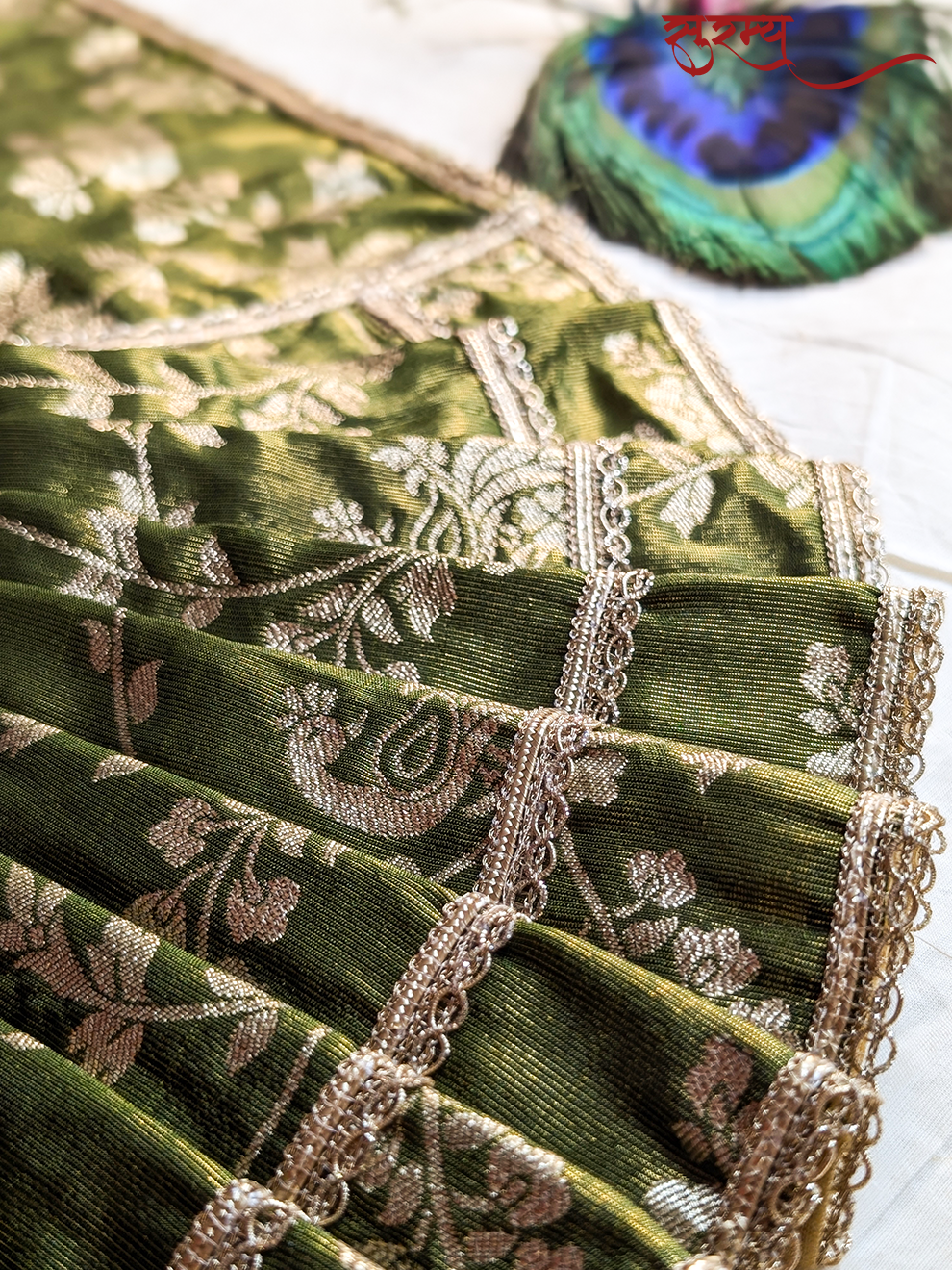 Mayura Kamal Saree | Green Silk Brocade Saree for Mata Rani Ji | Peacock and Floral Design | Laxmi Ji Saree