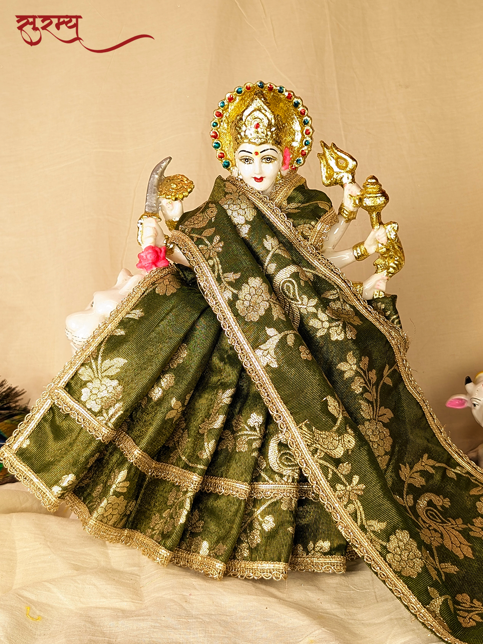 Mayura Kamal Saree | Green Silk Brocade Saree for Mata Rani Ji | Peacock and Floral Design | Laxmi Ji Saree