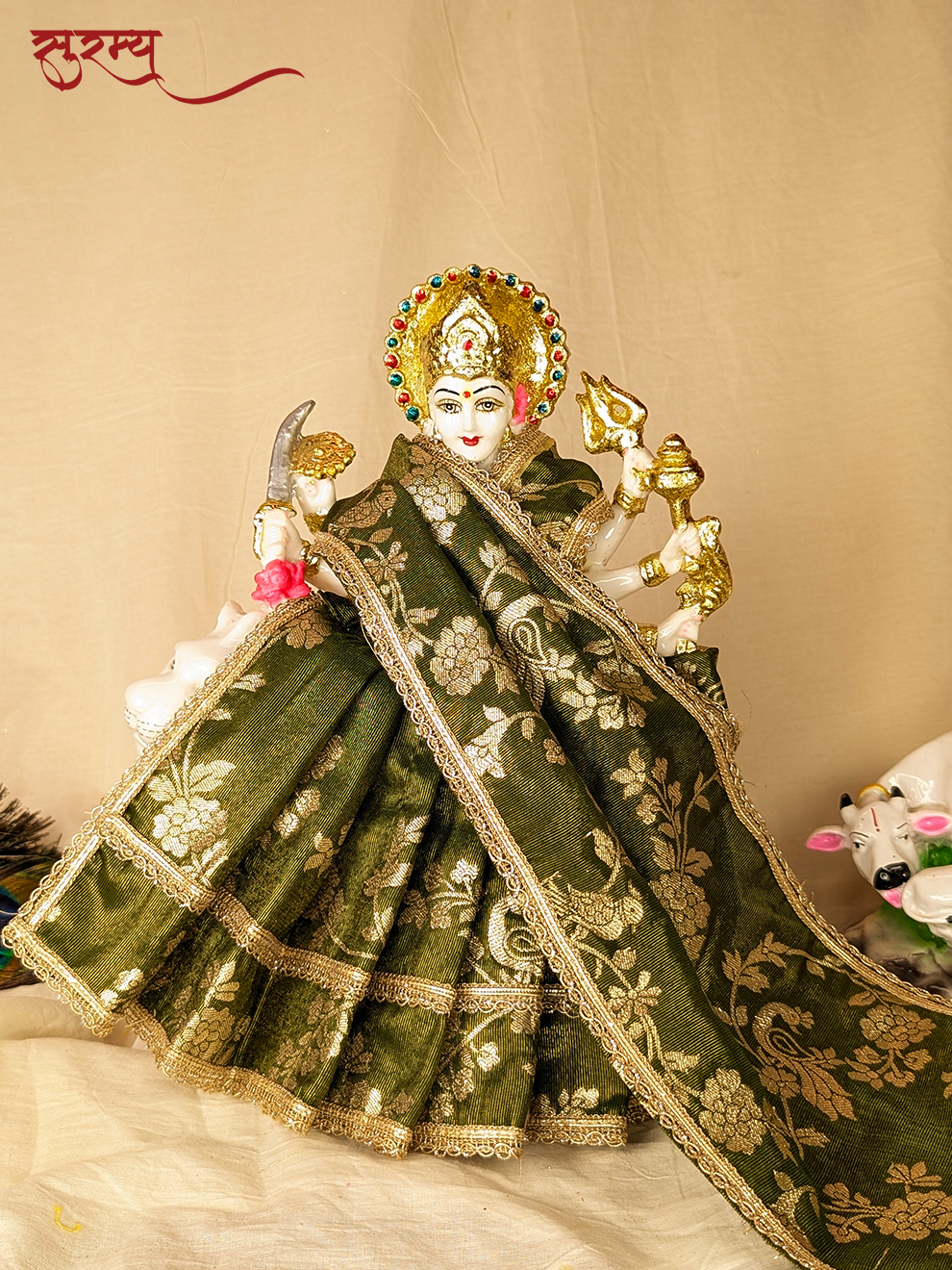 Mayura Kamal Saree | Green Silk Brocade Saree for Mata Rani Ji | Peacock and Floral Design | Laxmi Ji Saree