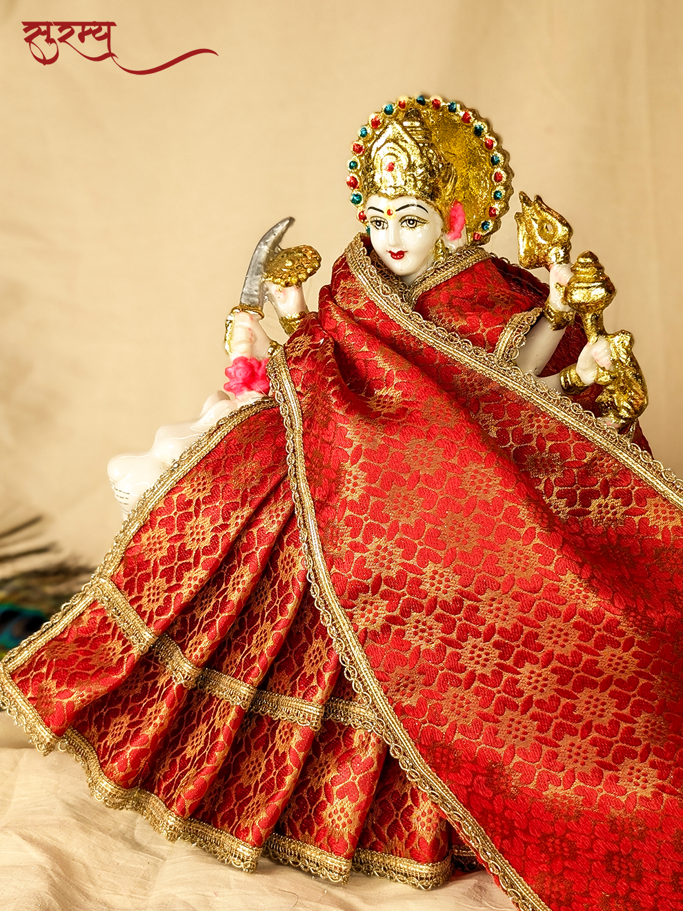 Kumkuma Devi Saree | Red Silk Brocade Saree for Mata Rani Ji | Durga Maa Saree